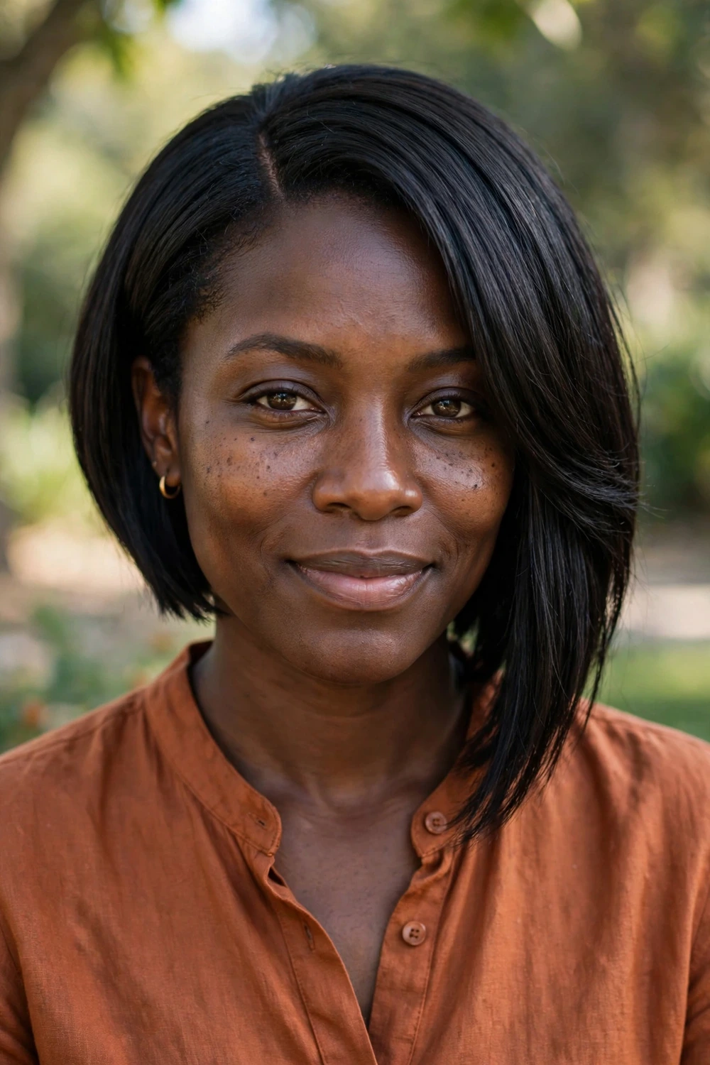 Black woman in her early 30s with an asymmetrical bob, one side chin-length and the other jaw-length with a deep side part