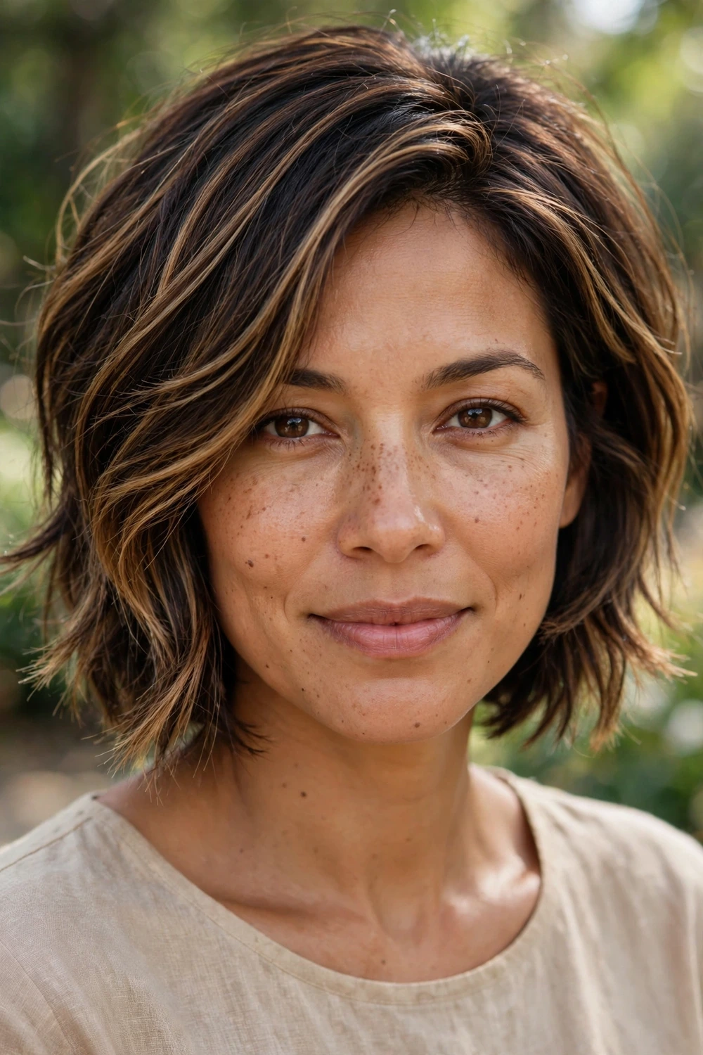 Woman in her early 30s wearing a bixie, a bob and pixie hybrid at ear to chin length with internal layering in dark brown hair with caramel highlights