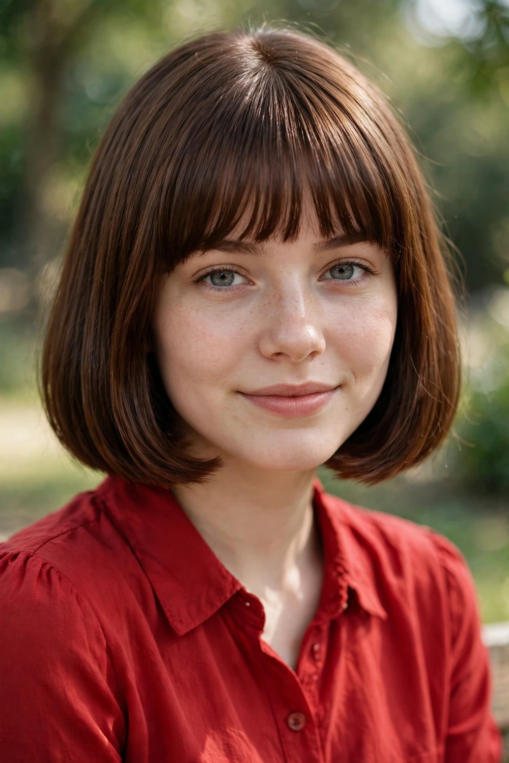 Young woman in her early 20s wearing a classic bob with straight full bangs across the forehead in glossy chestnut hair