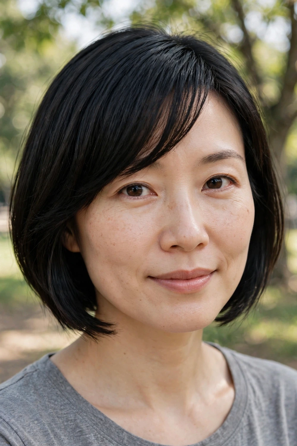 East Asian woman in her early 30s wearing a structured bob with angled side-swept bangs in black hair