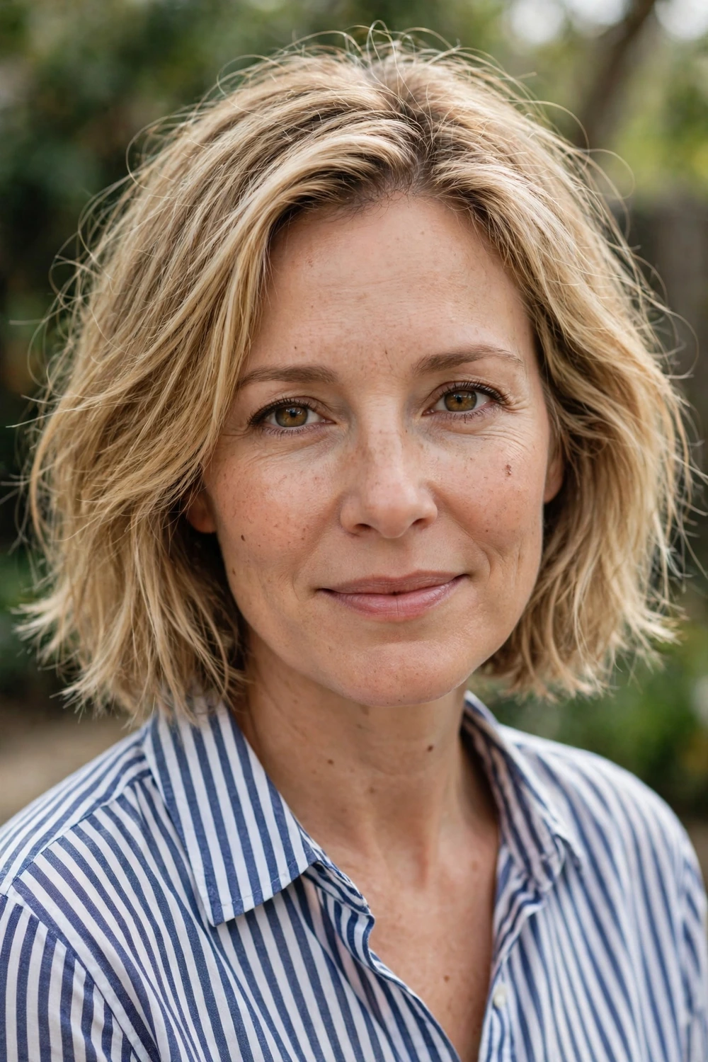 Woman in her early 40s with a boyfriend bob, a squarer longer bob with a slightly messy lived-in finish in sandy blonde hair
