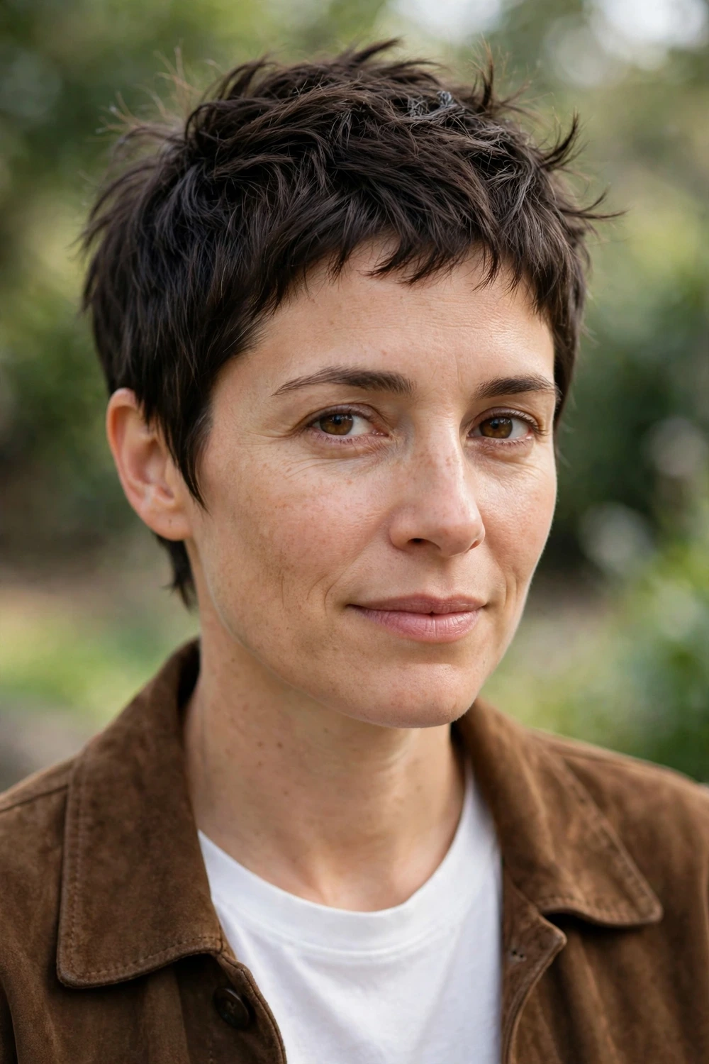 Woman in her mid 30s with light olive skin wearing a boyish crop, cropped tight with slight messy texture in dark brown hair