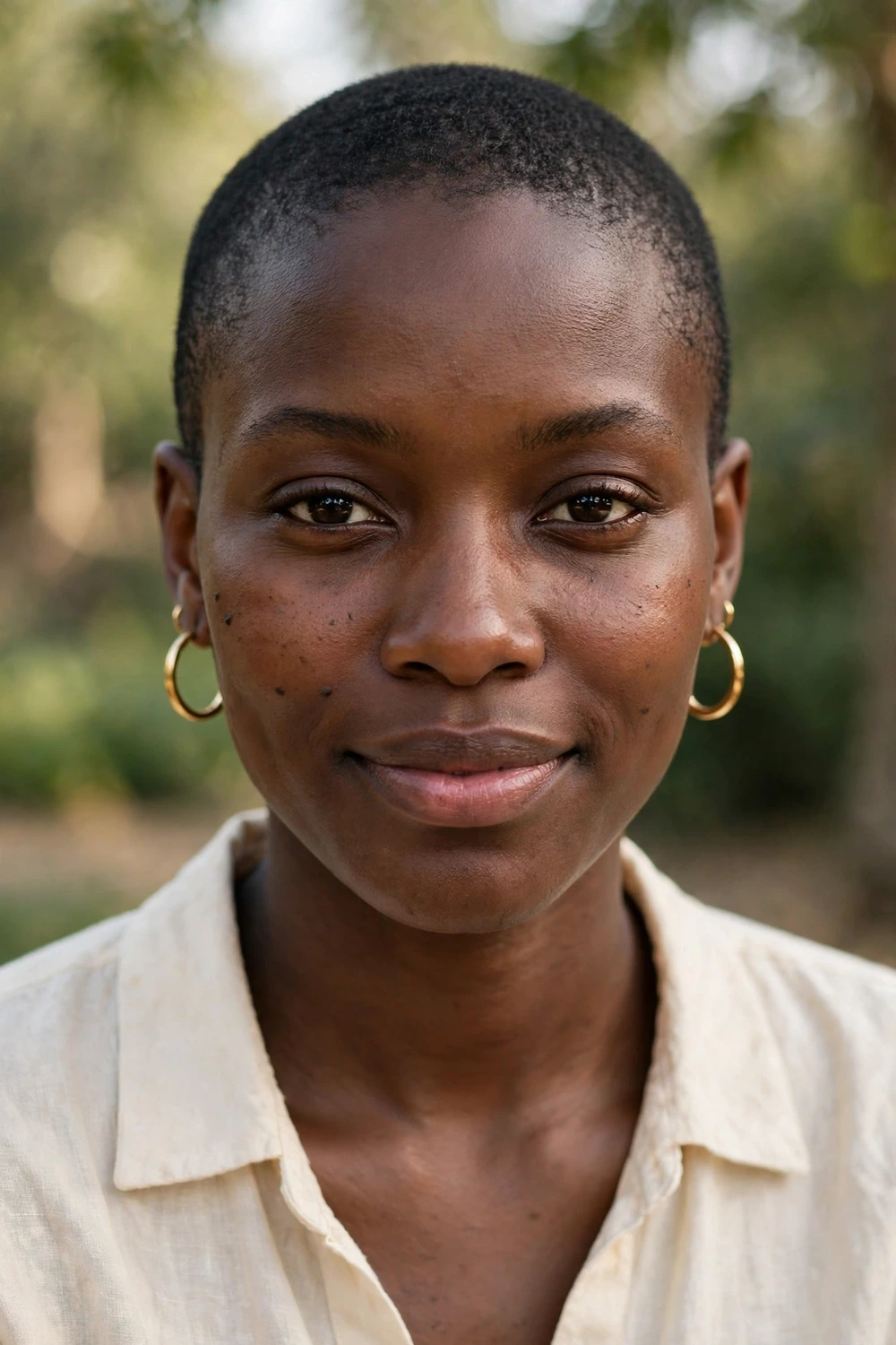 Black woman in her late 20s wearing a buzz cut with hair clipped very short and even all over, with gold hoop earrings