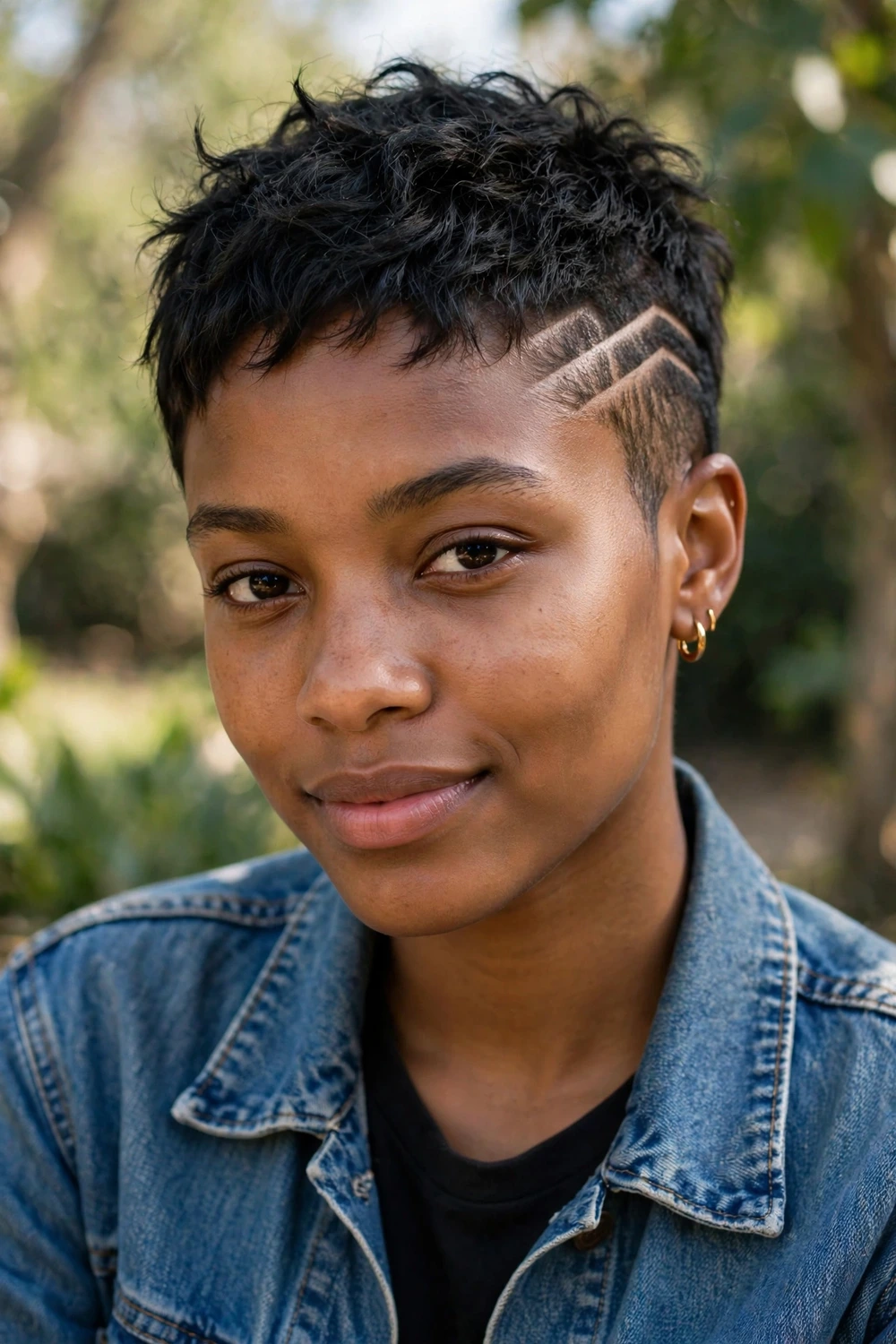 Young Black woman in her mid 20s wearing a buzzed pixie with a shaved geometric line design on one side in black hair