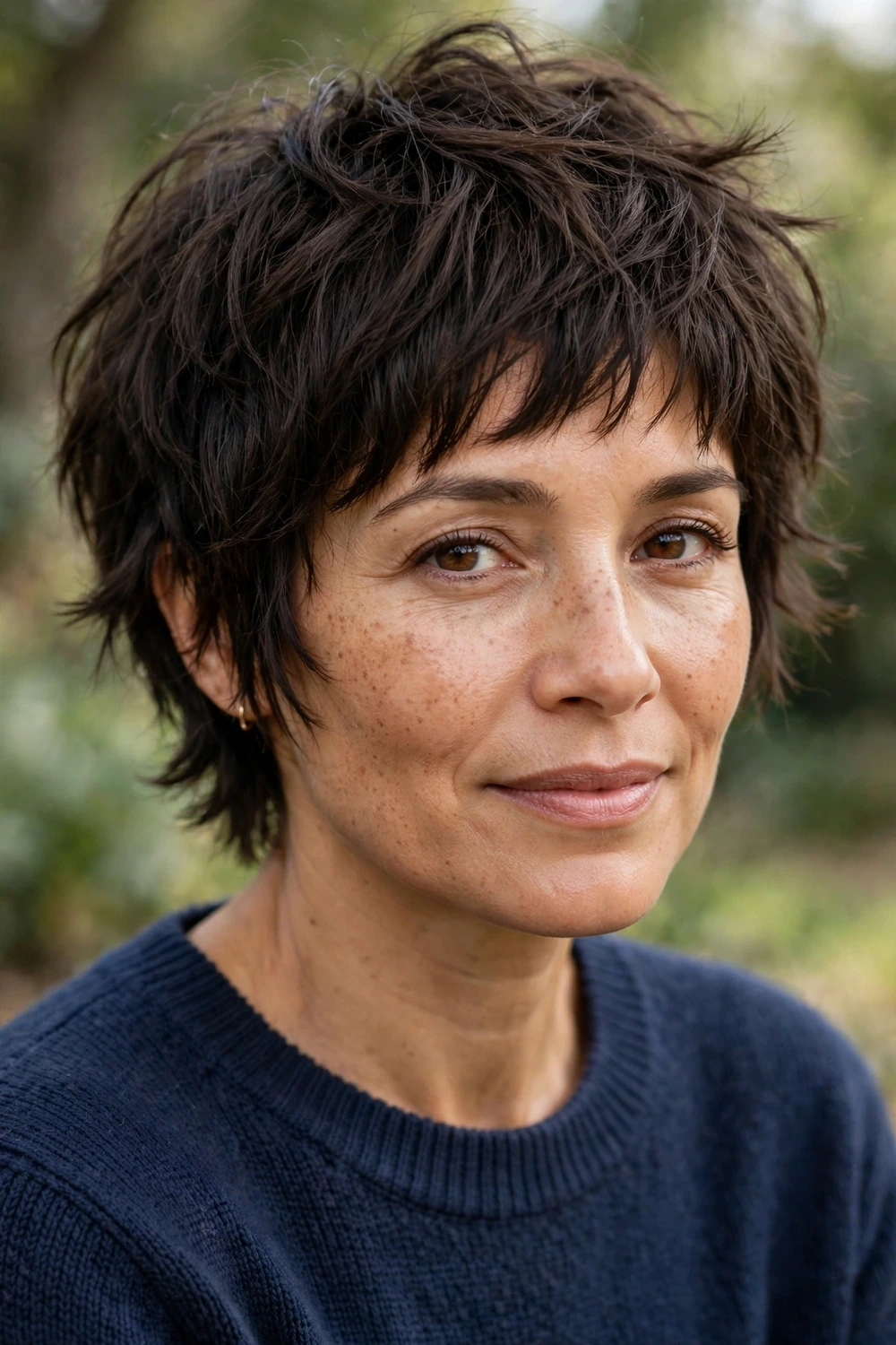 Woman in her early 40s wearing a choppy crop with irregular point-cut layers through thick dark brown hair
