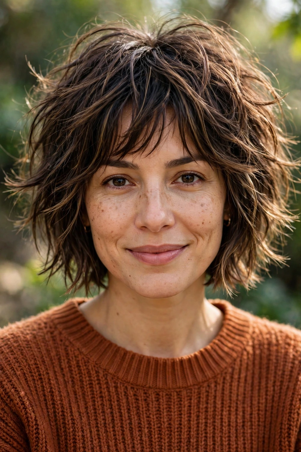 Woman in her early 30s wearing a choppy shag bob with sliced piecey ends in dark brown hair with subtle highlights