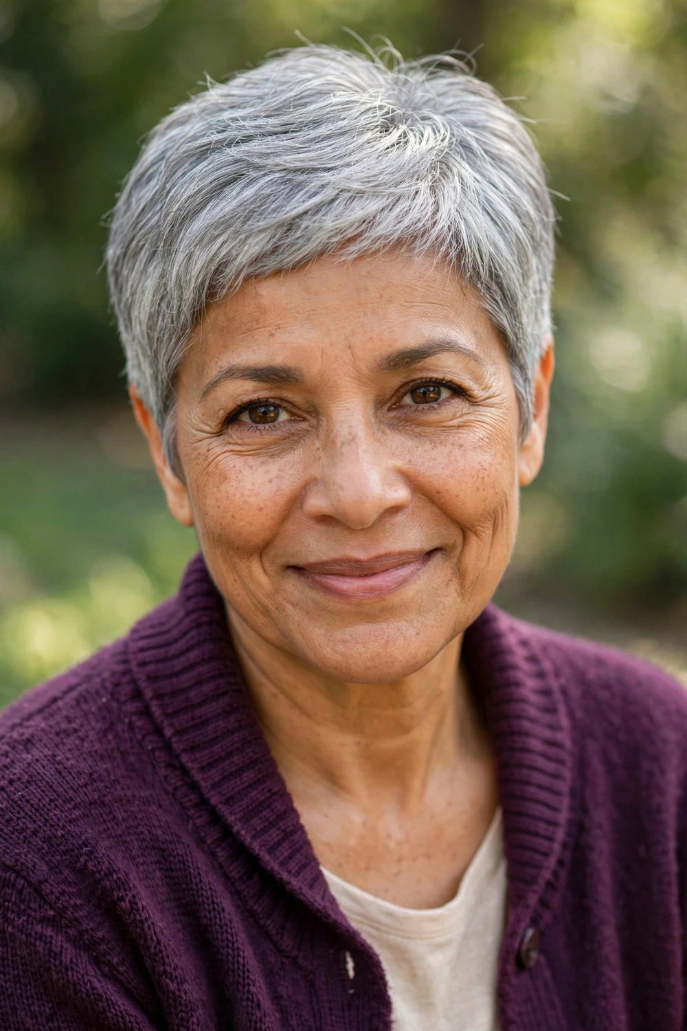 Woman in her mid 50s with warm medium skin wearing a classic pixie cut with gentle volume on top in silver-gray hair
