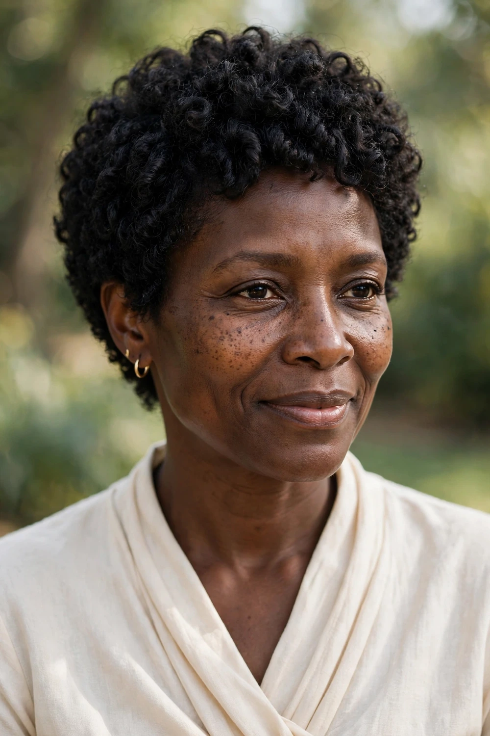 Black woman in her late 40s wearing a coily pixie with a rounded shape highlighting tight coily texture in black hair