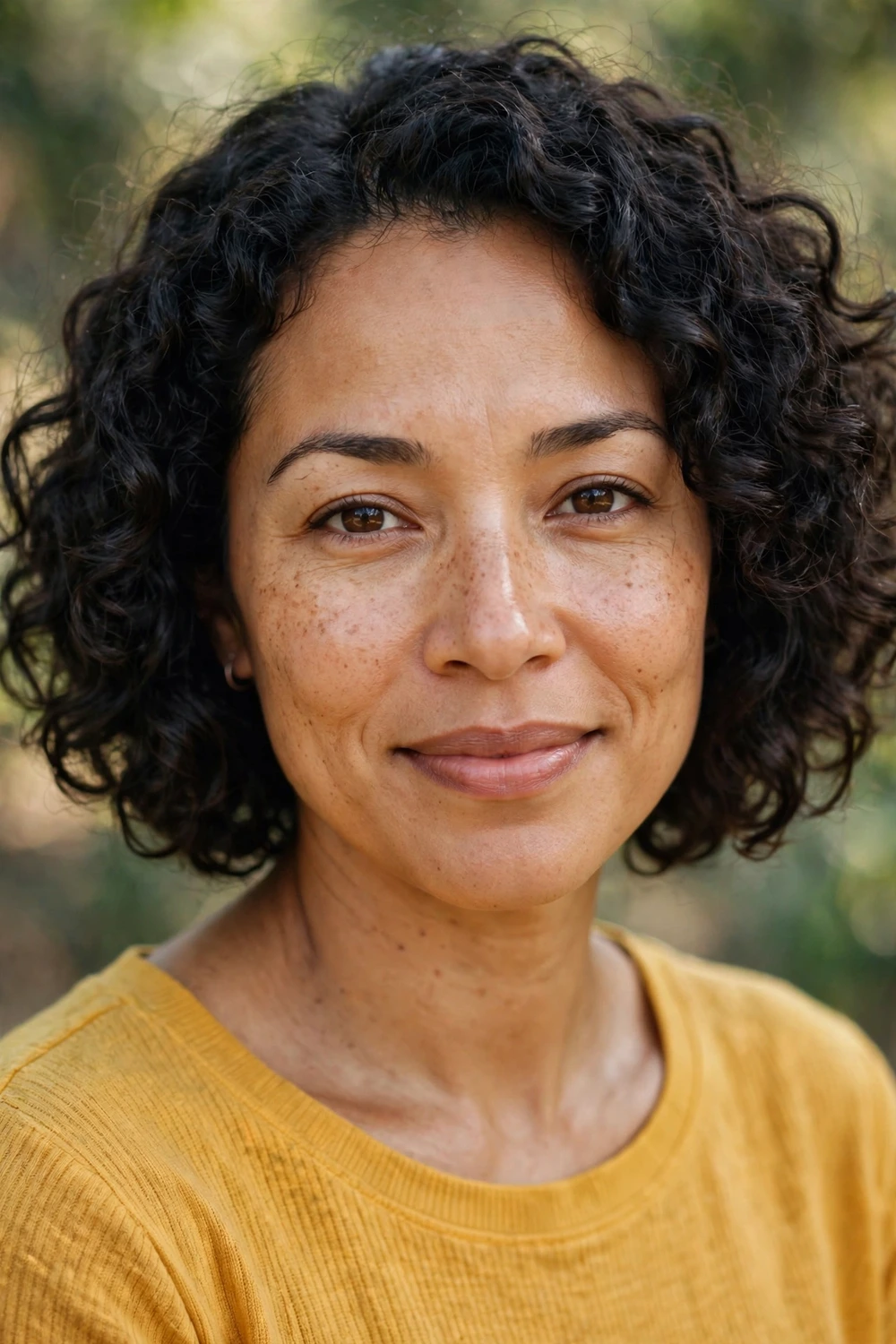 Mixed-race woman in her early 30s wearing a curly bob shaped to her natural curl pattern with a rounded silhouette at jaw length