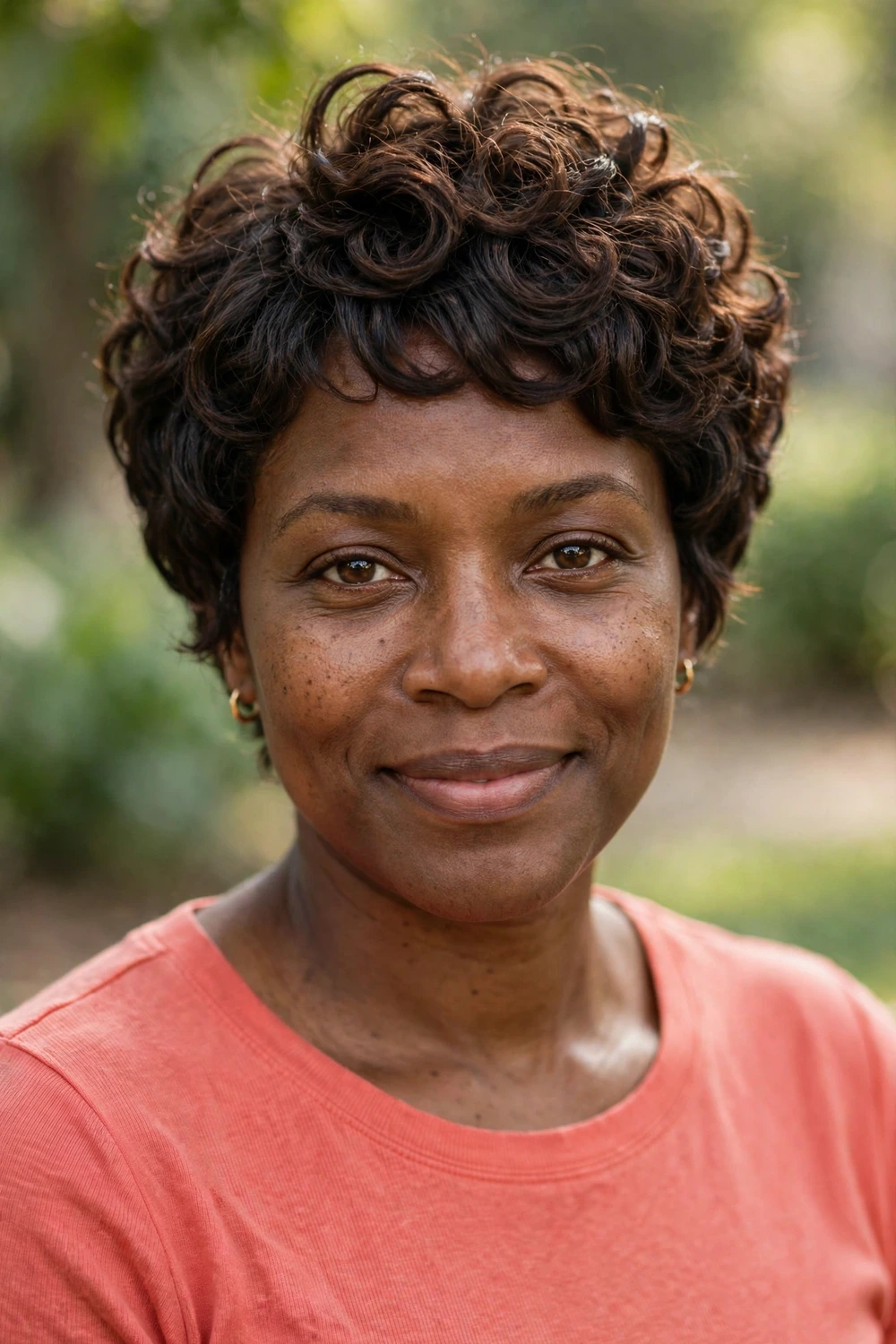 Black woman in her mid 30s wearing a curly pixie with natural volume and a rounded silhouette of defined curls
