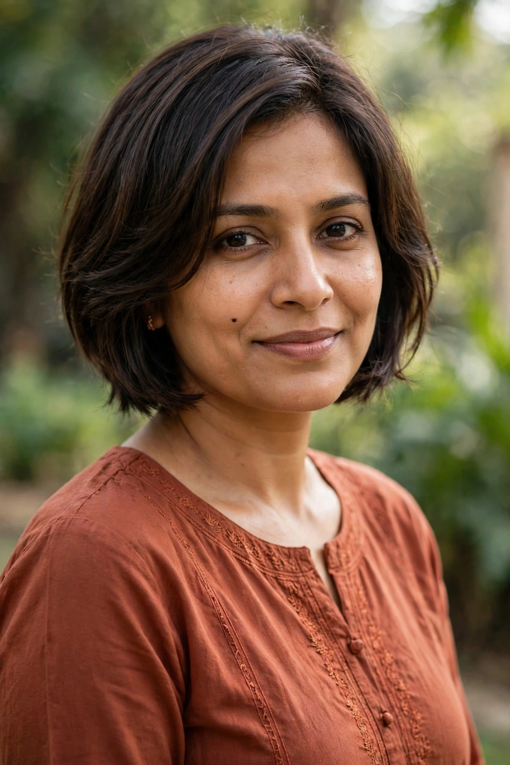 South Asian woman in her mid 30s wearing a short layered bob with shorter face-framing pieces around the cheekbones in dark brown hair