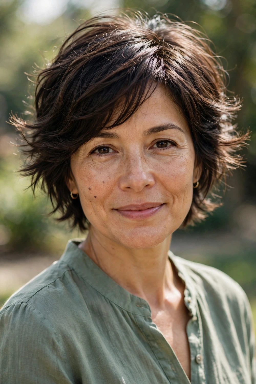 Woman in her mid 40s wearing a short feathered cut with soft feathered ends adding airy movement around the face