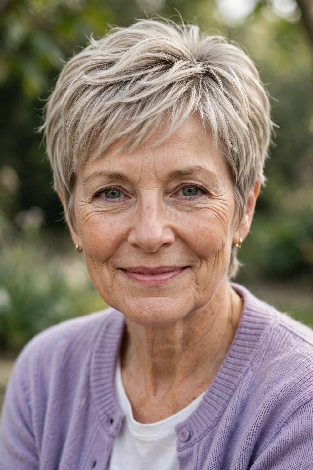 Woman in her early 60s wearing a feathered pixie with light feathered layered edges in ash blonde hair