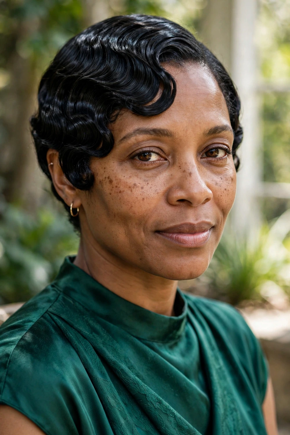 Black woman in her early 40s wearing a short finger wave hairstyle with sculpted glossy S-shaped waves in black hair