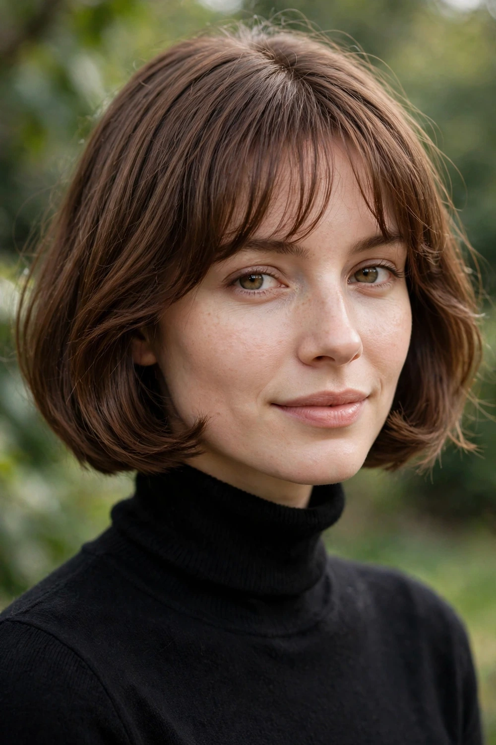 Woman in her late 20s with a French bob, jaw-length with soft wispy bangs and curved inward ends in chestnut brown hair
