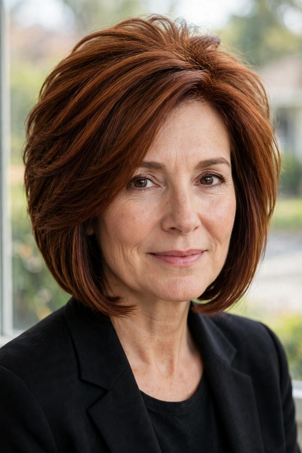 Woman in her late 40s wearing a graduated bob with stacked layers at the back and longer front pieces in auburn hair
