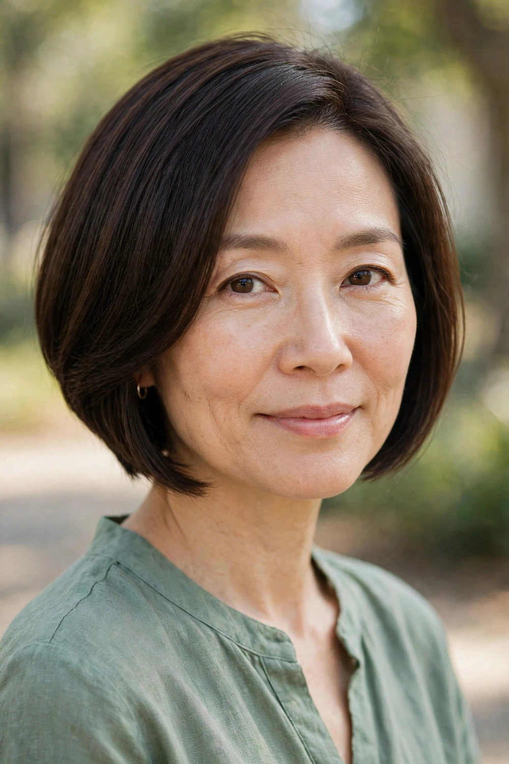 East Asian woman in her mid 40s with an inverted bob, stacked shorter at the nape and angled longer toward the front