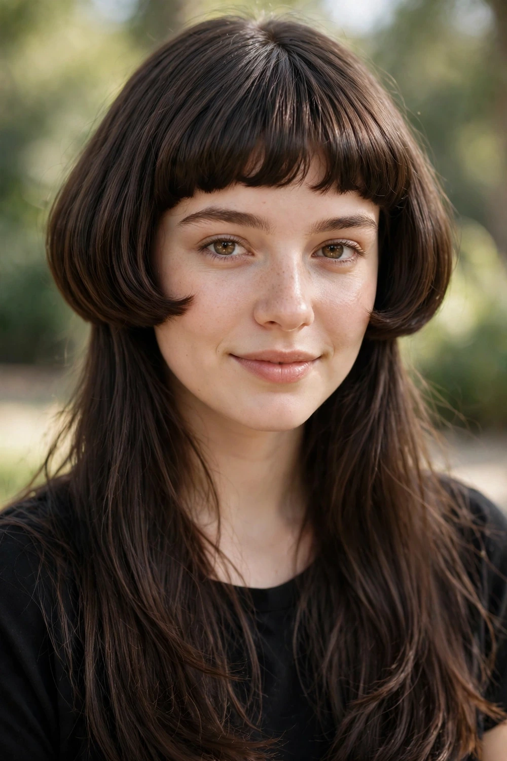 Young woman in her early 20s wearing a jellyfish cut, a rounded bob on top with longer straight strands hanging below in dark brown hair