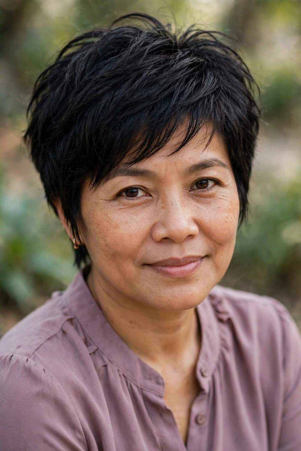 Southeast Asian woman in her early 40s wearing a layered pixie with varied angled layers adding thickness through the crown in black hair