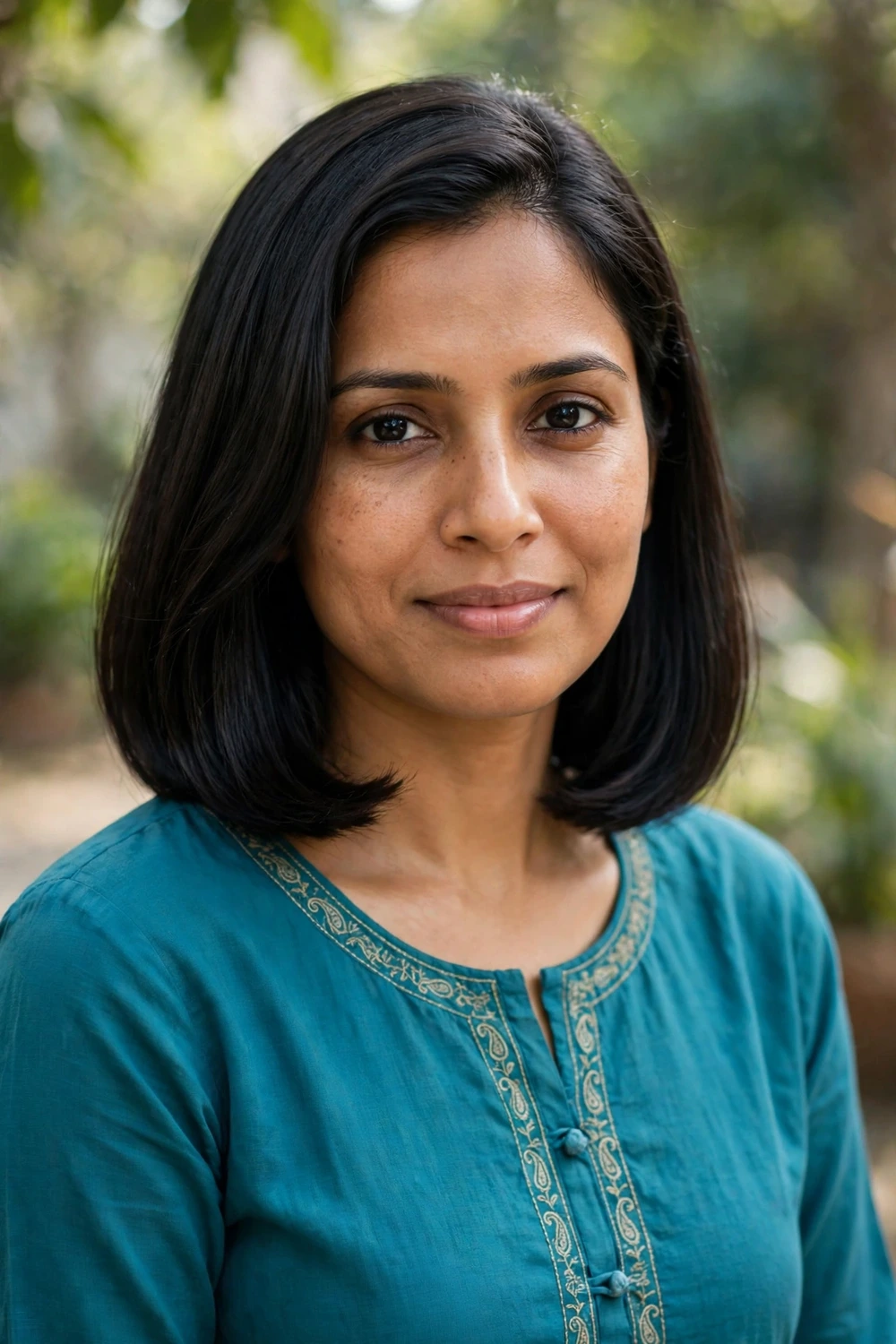 South Asian woman in her early 30s wearing a sleek shoulder-length lob in black hair