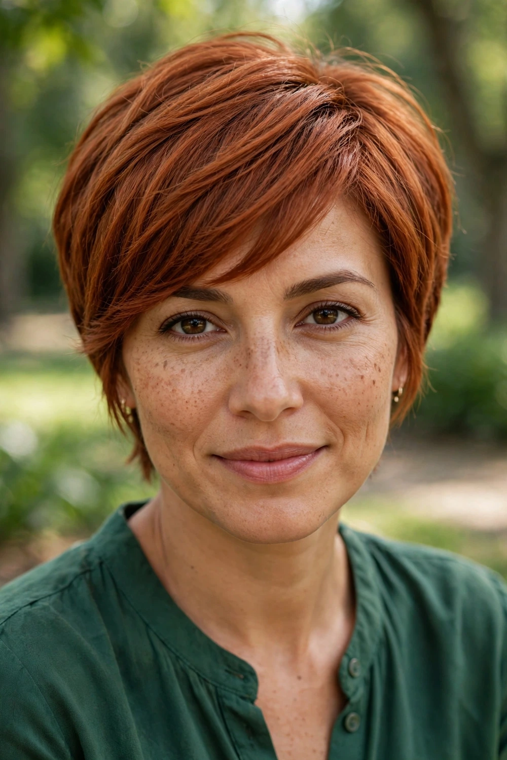 Woman in her early 30s with medium olive skin wearing a long pixie with soft side-swept bangs in warm copper-red hair