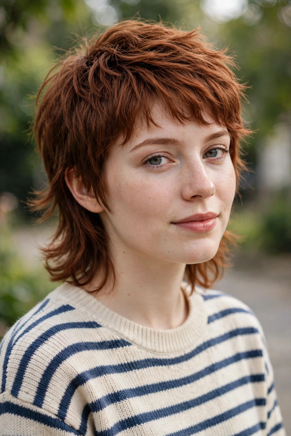 Young woman in her mid 20s wearing a mixie, a mullet and pixie blend with short textured top and longer piecey back in auburn hair