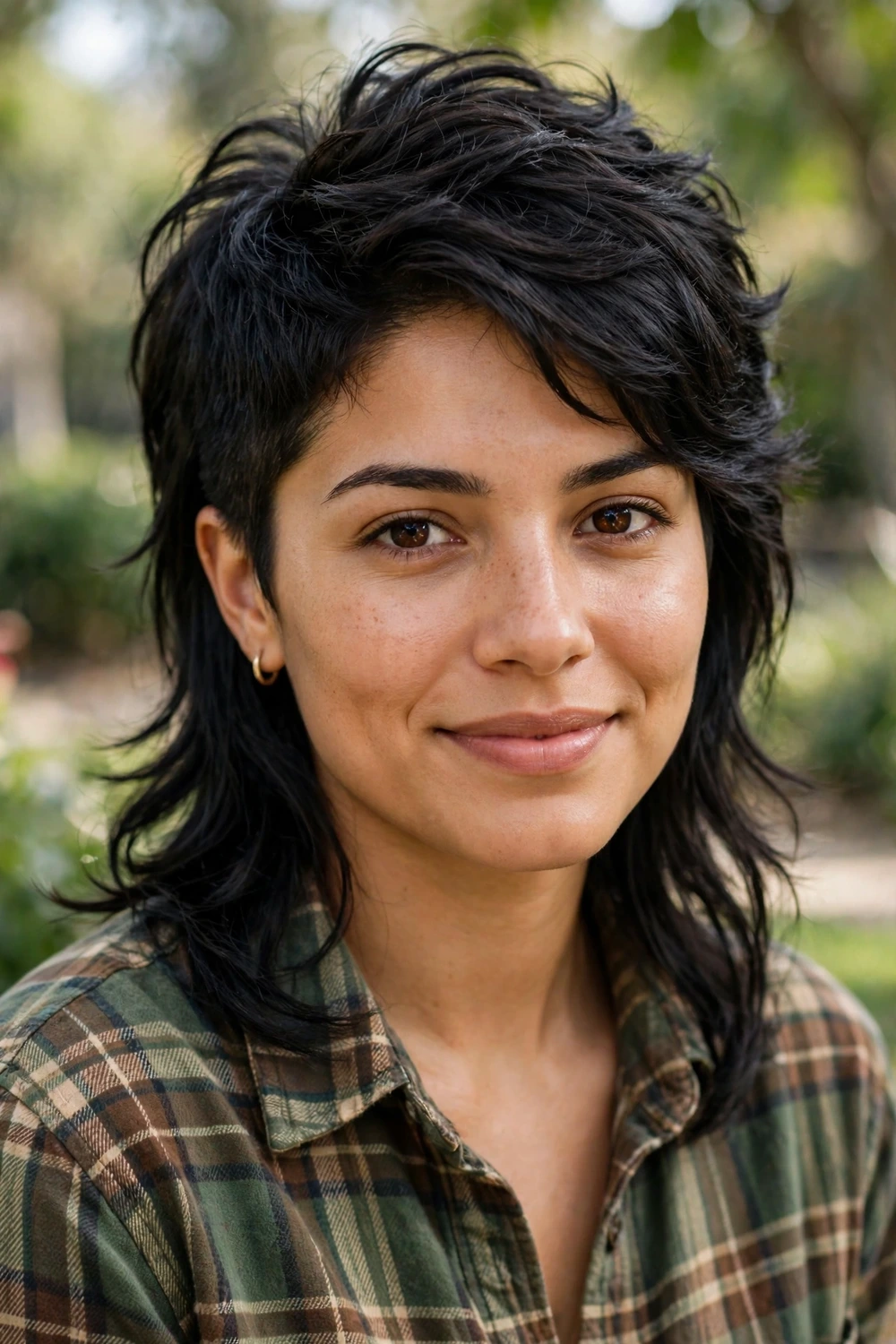 Woman in her mid 20s with medium olive skin wearing a modern mullet, shorter textured top with longer layered back in black hair