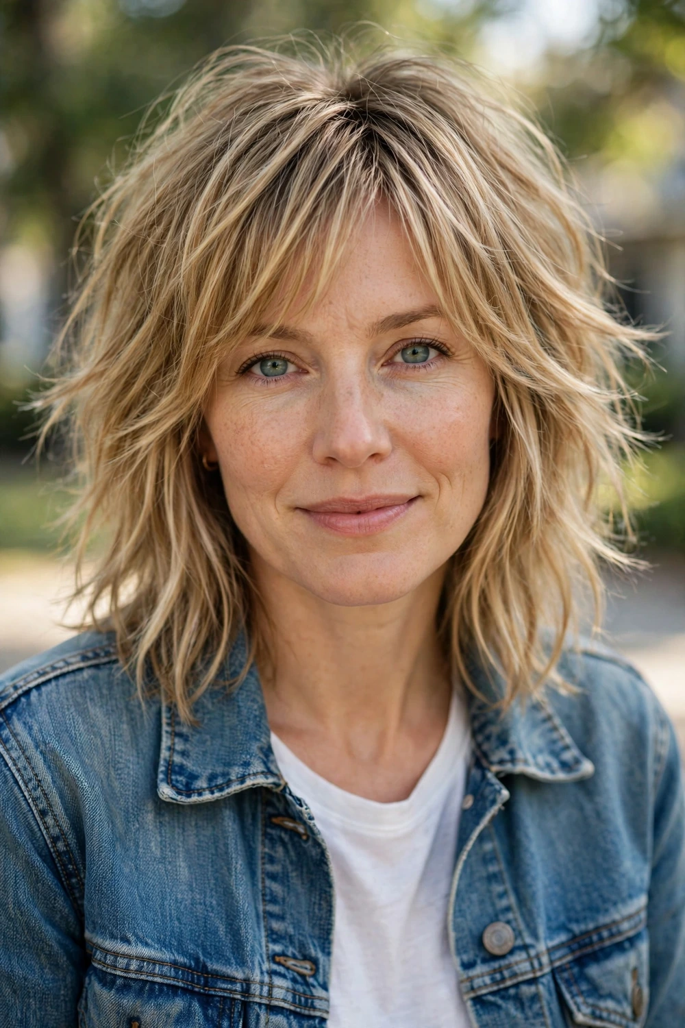 Woman in her mid 30s wearing a modern shag with lived-in layers and face-framing pieces in honey blonde hair