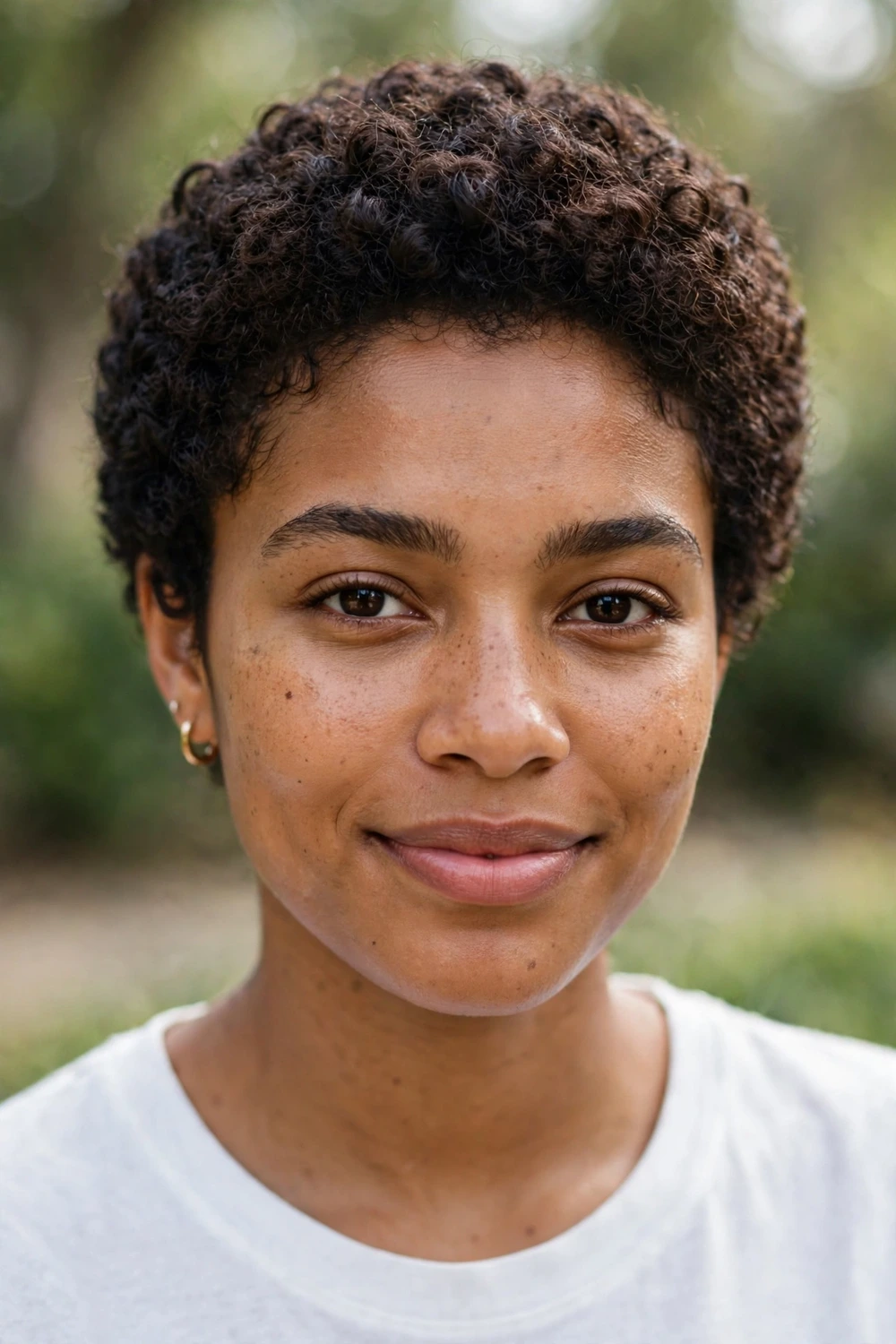 Mixed-race woman in her mid 20s wearing a short natural curl support cut following her natural 3B curl pattern in dark brown hair