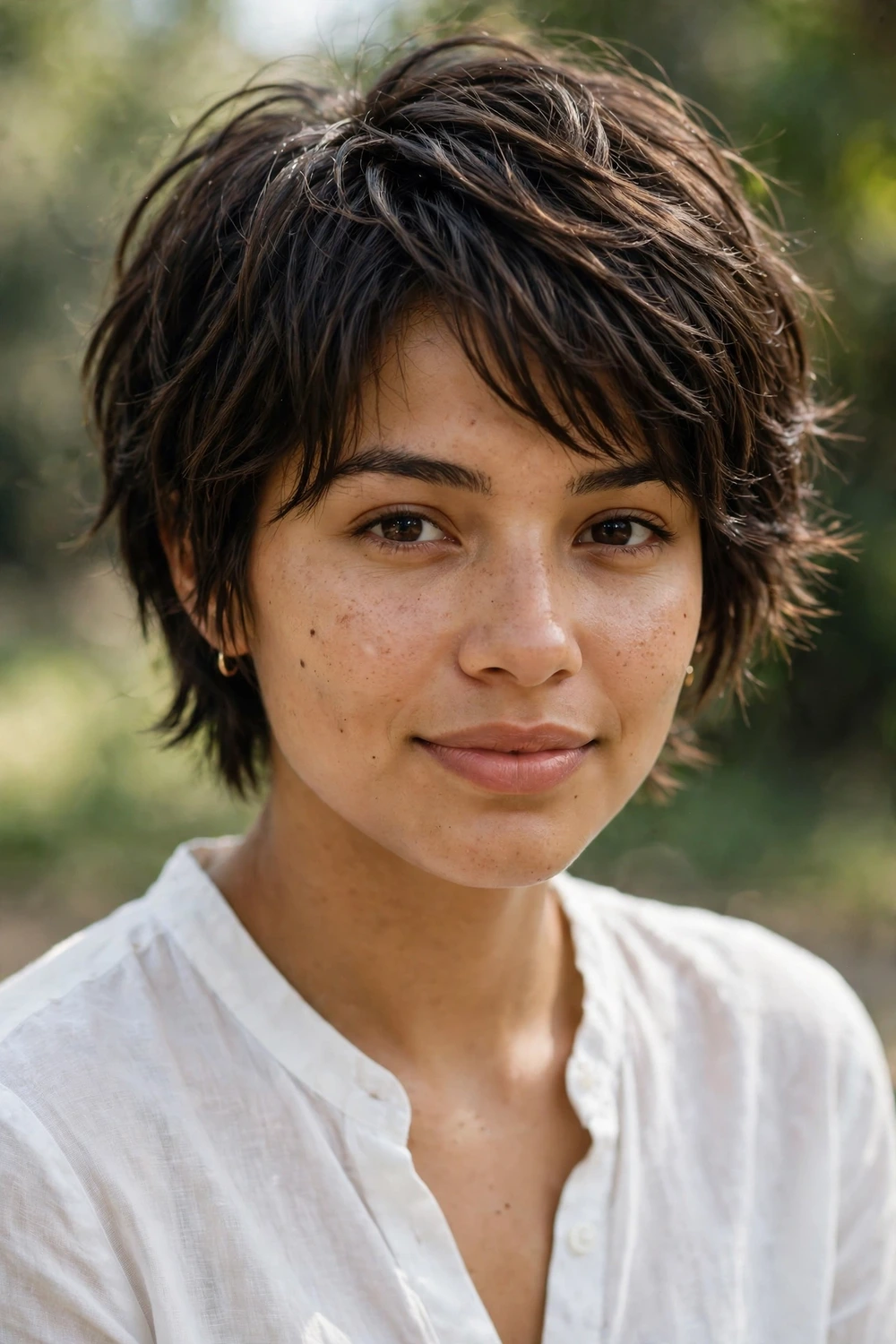 Young woman in her mid 20s wearing a short haircut with defined piecey layers of different lengths in dark brown hair