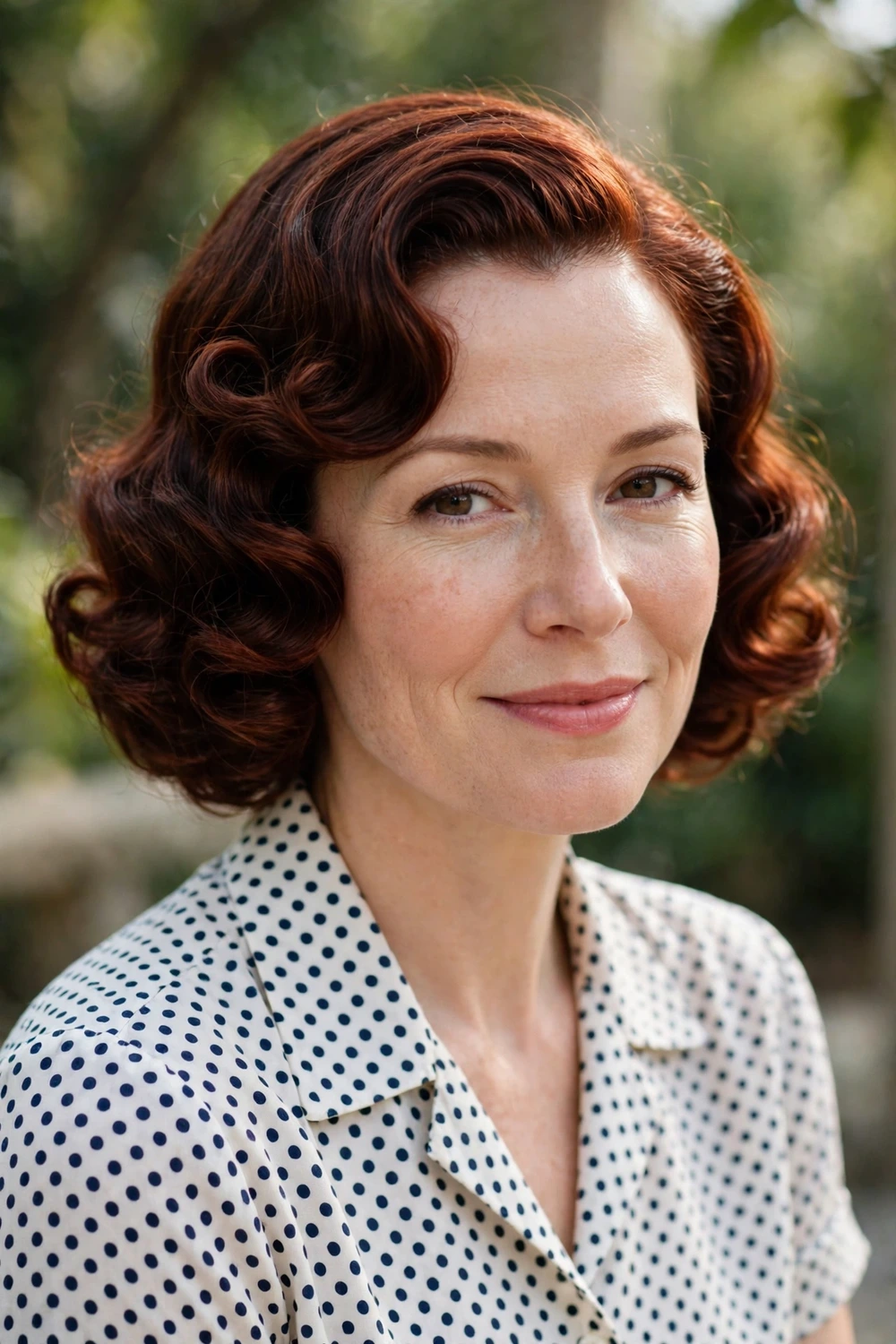 Woman in her late 30s wearing a pin curl bob with soft vintage curls and a side part in dark auburn hair