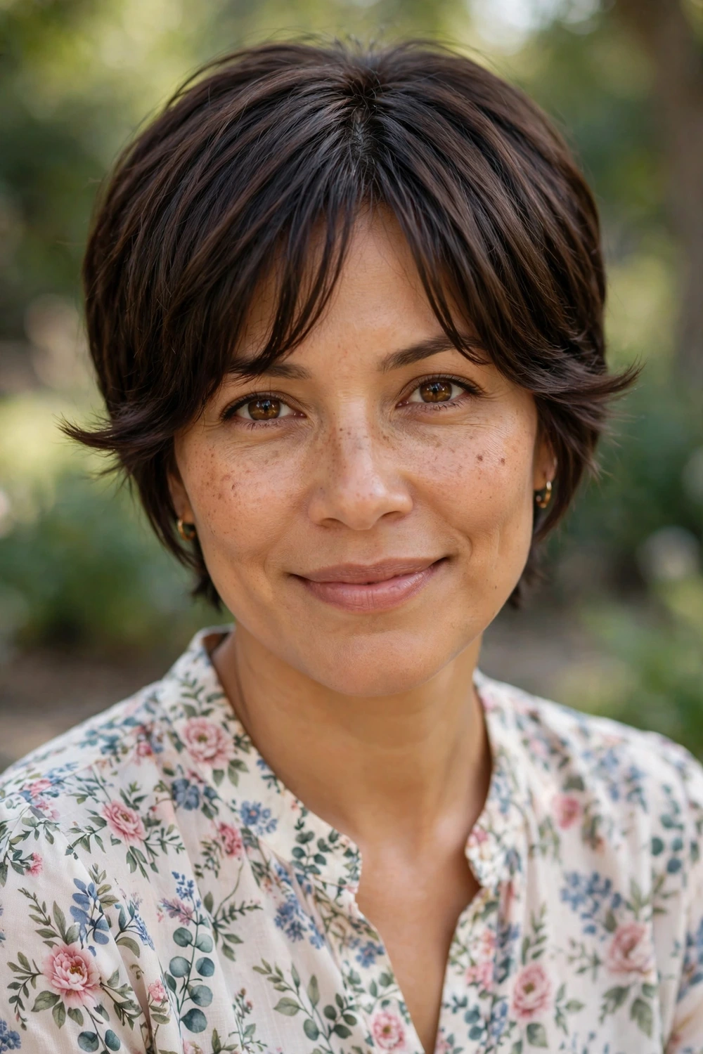 Latina woman in her late 30s wearing a pixie with soft curtain bangs parted in the middle sweeping toward the cheekbones