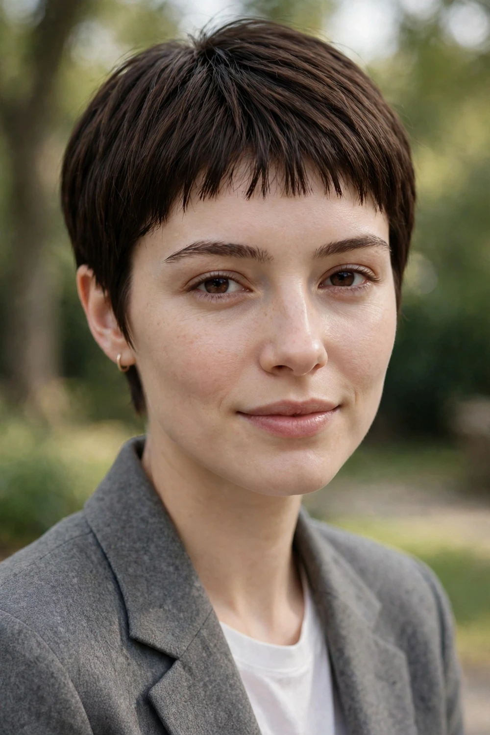 Woman in her late 20s with fair porcelain skin wearing a pixie with a tiny micro fringe above the eyebrows in dark chocolate brown hair