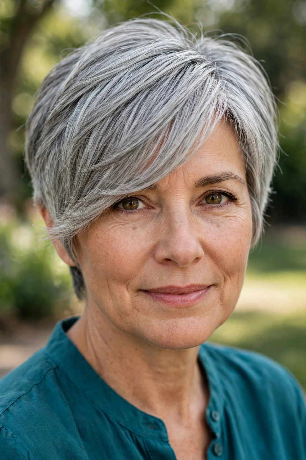 Woman in her early 50s wearing a pixie with long side-swept bangs from a deep side part in silver-gray hair