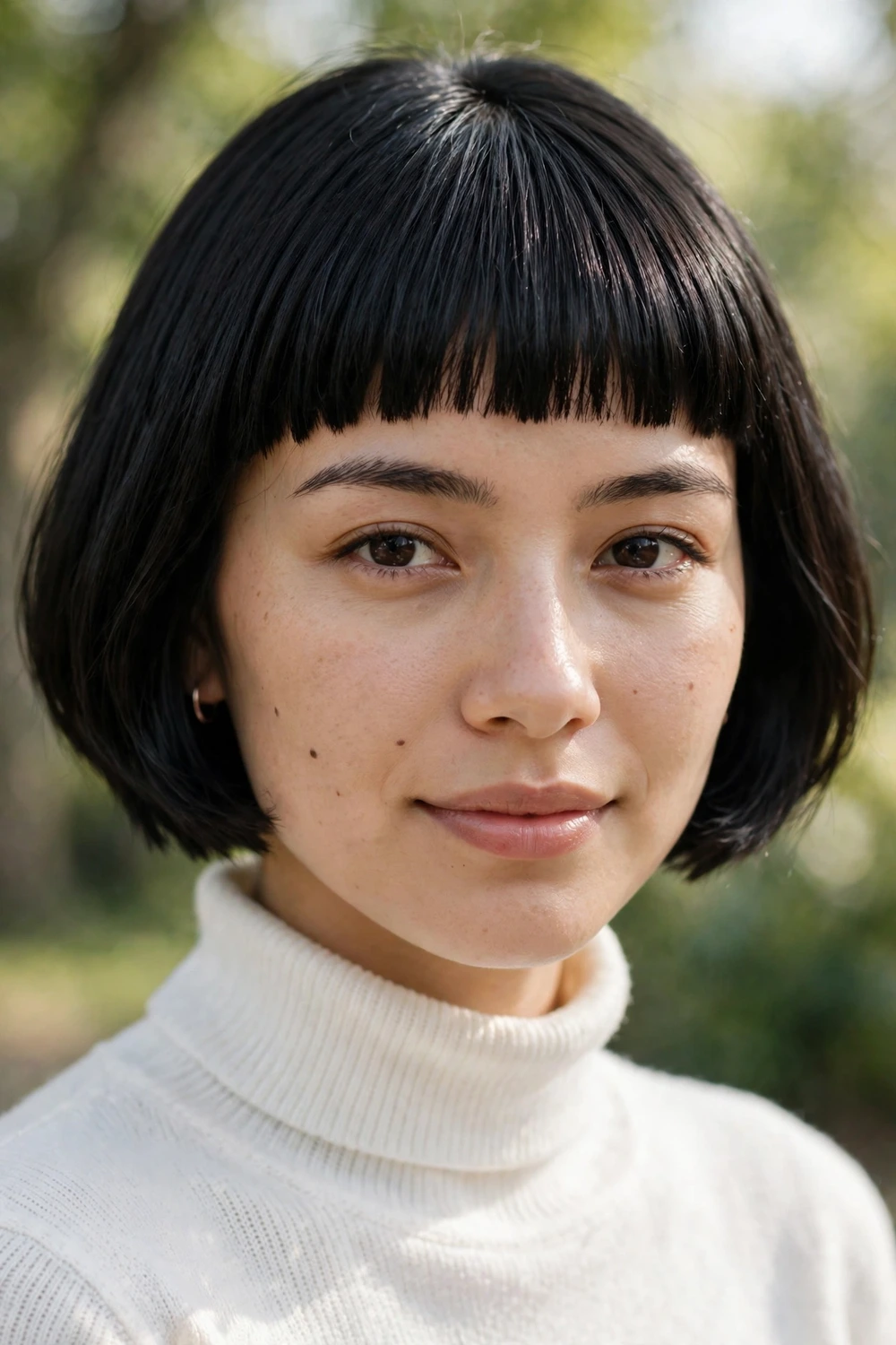 Young woman in her mid 20s wearing a short bob with a bold precision-cut straight fringe in jet black hair