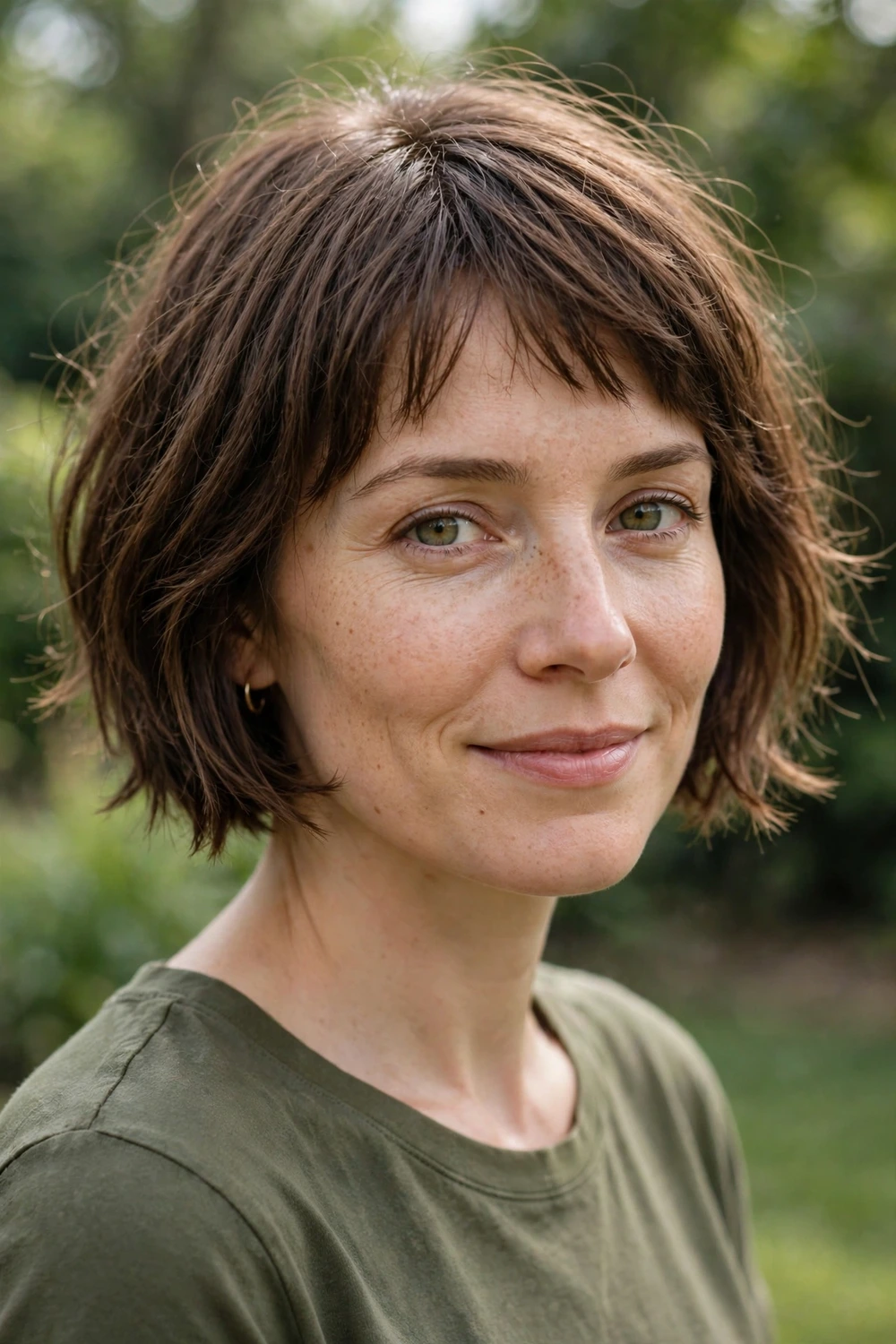 Woman in her early 30s wearing a razor-cut short bob with wispy piecey texture and soft lived-in edges in medium brown hair