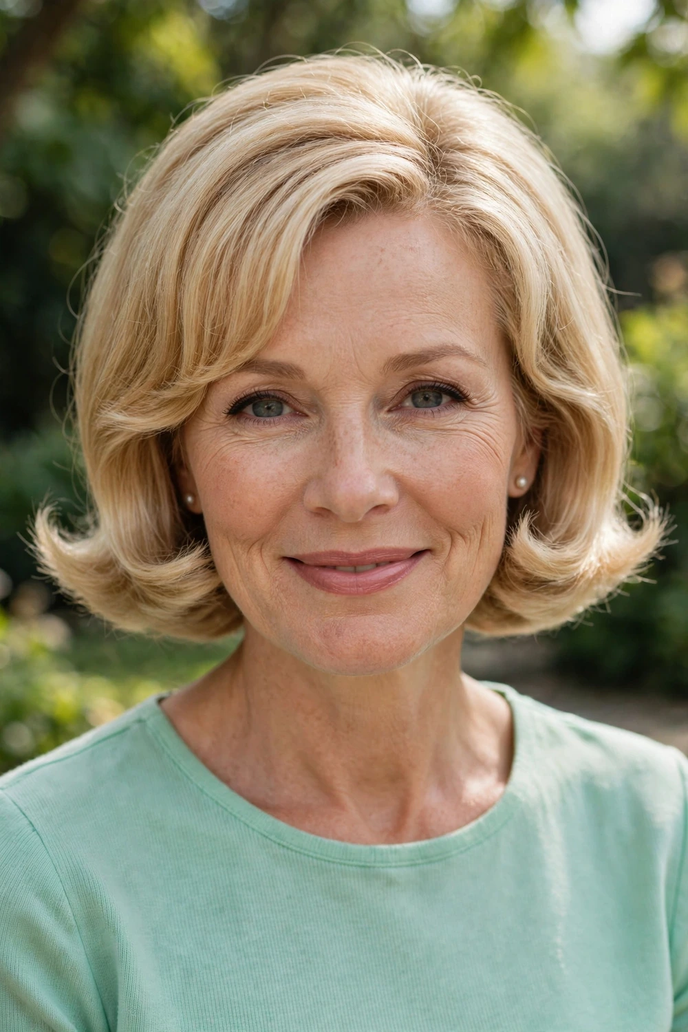 Woman in her early 50s wearing a chin-length bob with flipped outward ends in a 60s retro style in blonde hair