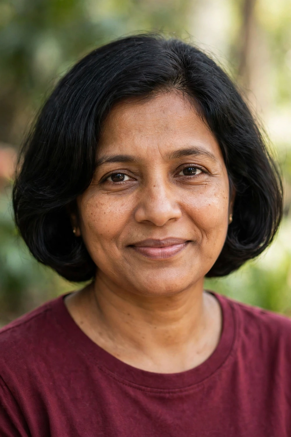 South Asian woman in her early 40s wearing a rounded bob with a soft rounded silhouette curving under at the ends in black hair