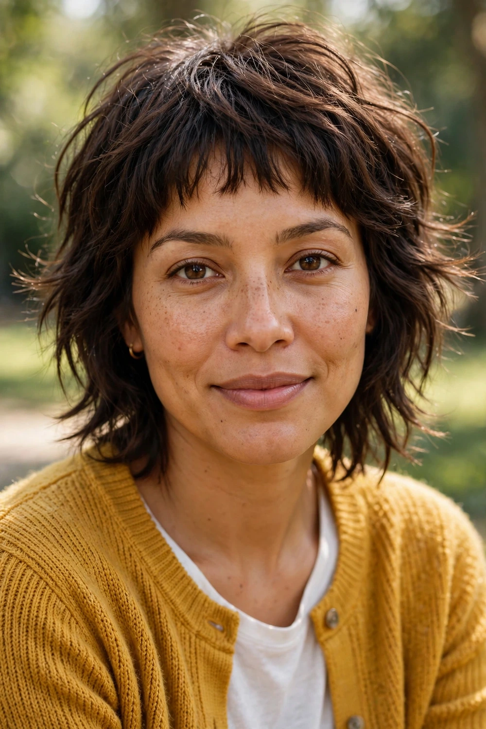 Woman in her early 30s wearing a shag with messy layered ends and a short micro fringe in dark brown hair