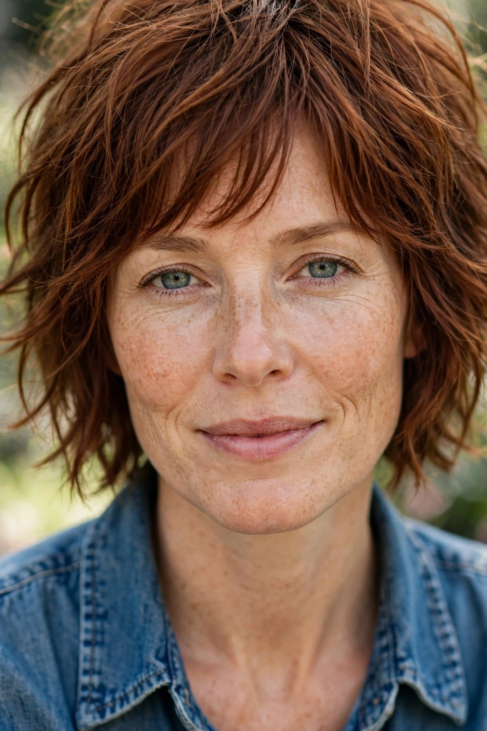 Woman in her mid 30s with fair skin and freckles wearing a shaggy bob with messy choppy layers in auburn hair