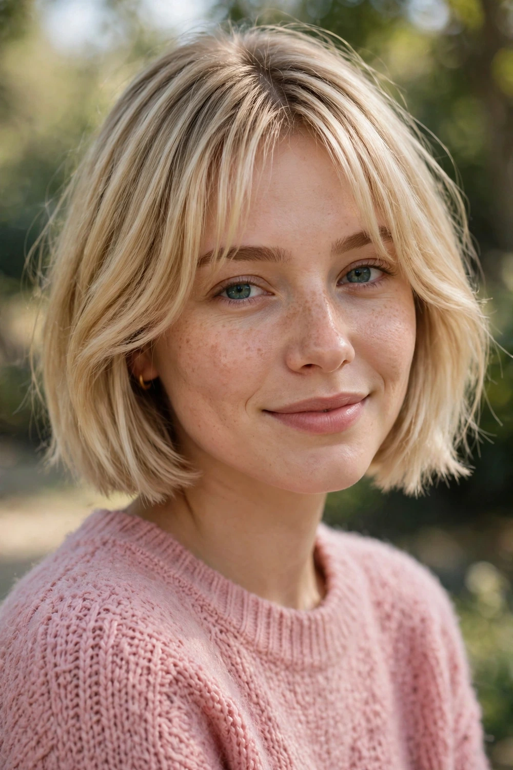 Woman in her mid 20s wearing a short bob with curtain bangs opening softly around the eyes in blonde hair