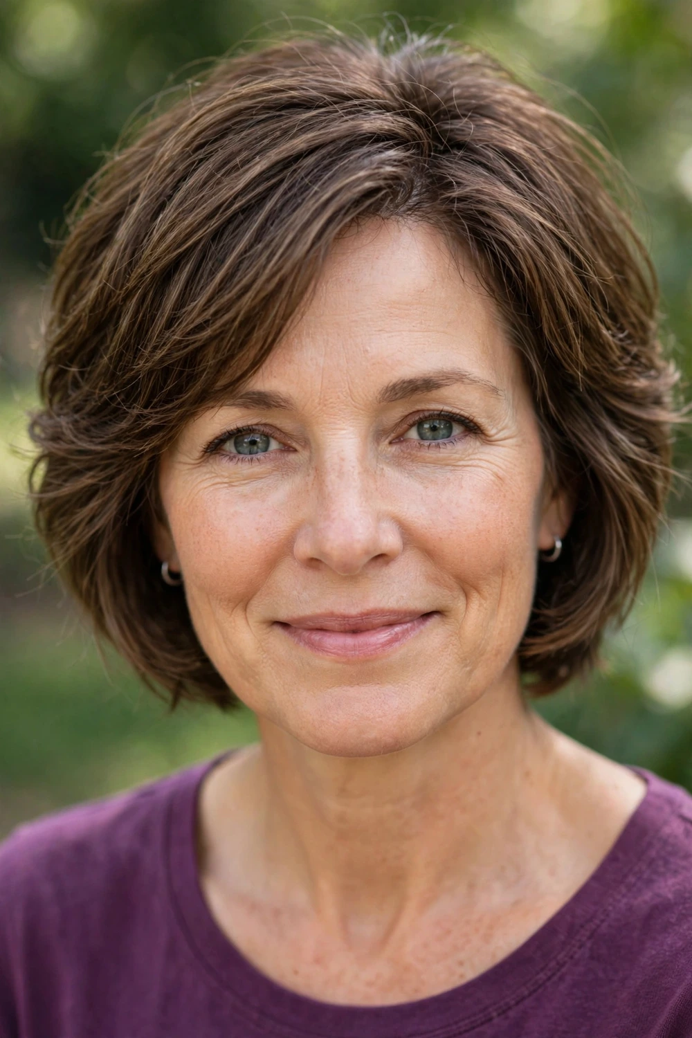 Woman in her late 40s wearing a short layered bob with soft internal layering adding dimension in medium brown hair