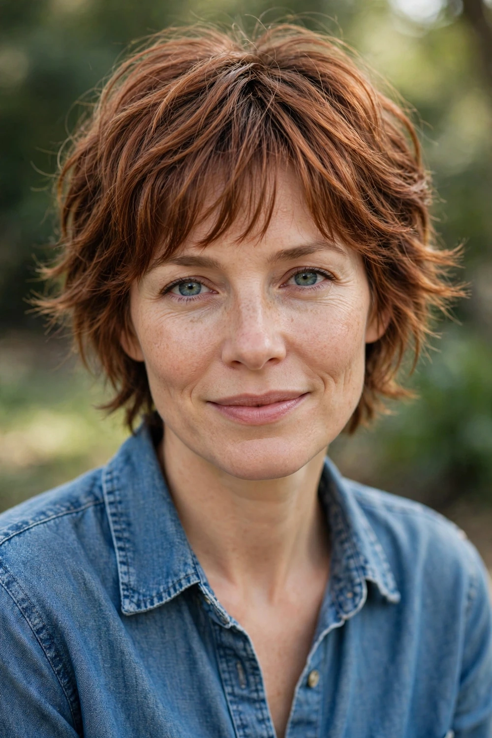 Woman in her late 30s wearing a short shag with tousled layers and soft wispy bangs in copper-brown hair