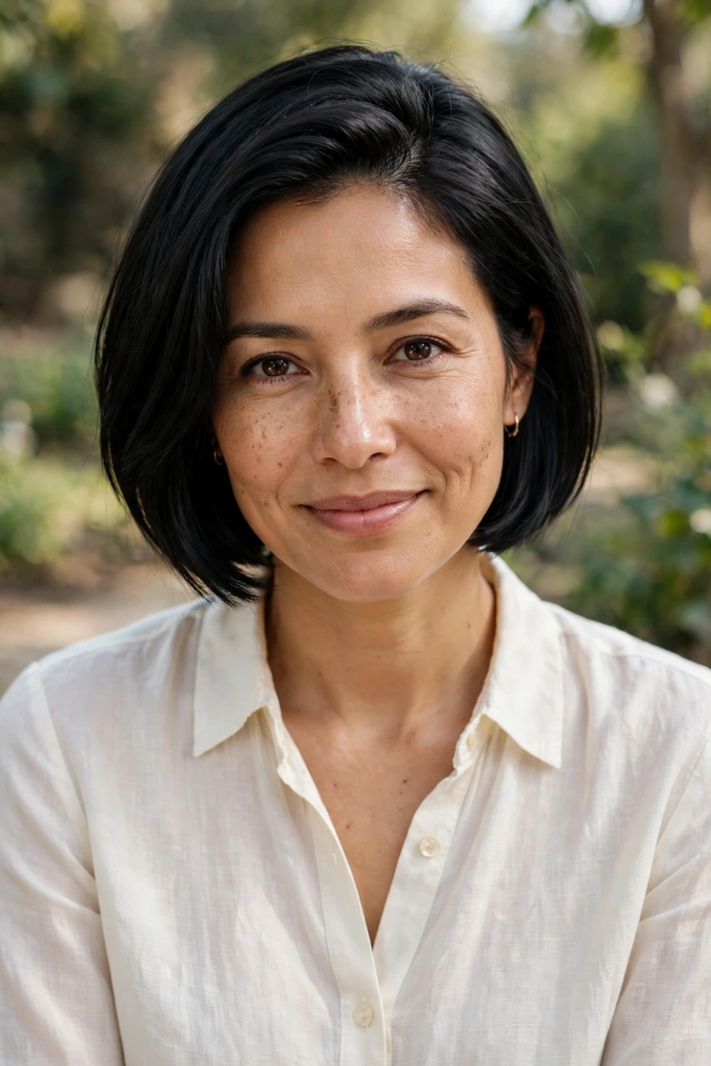 Woman in her mid 30s wearing a short bob with a deep side part adding fullness on top in straight black hair