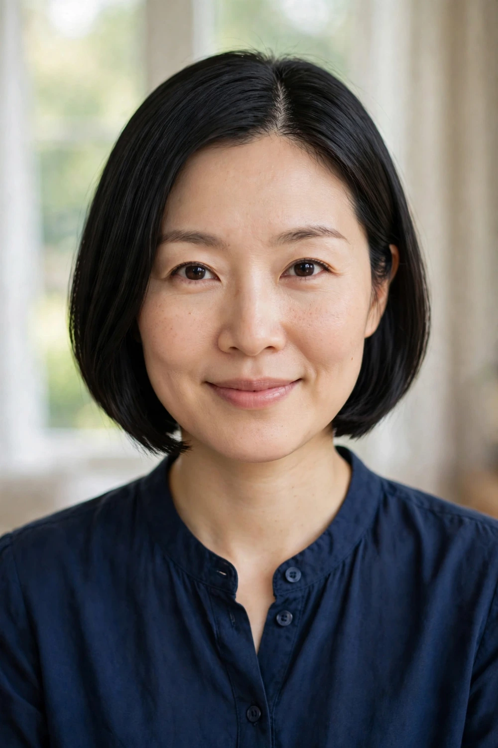 East Asian woman in her mid 30s wearing a sleek ear-length bob tucked close to the face with a neat center part in straight black hair