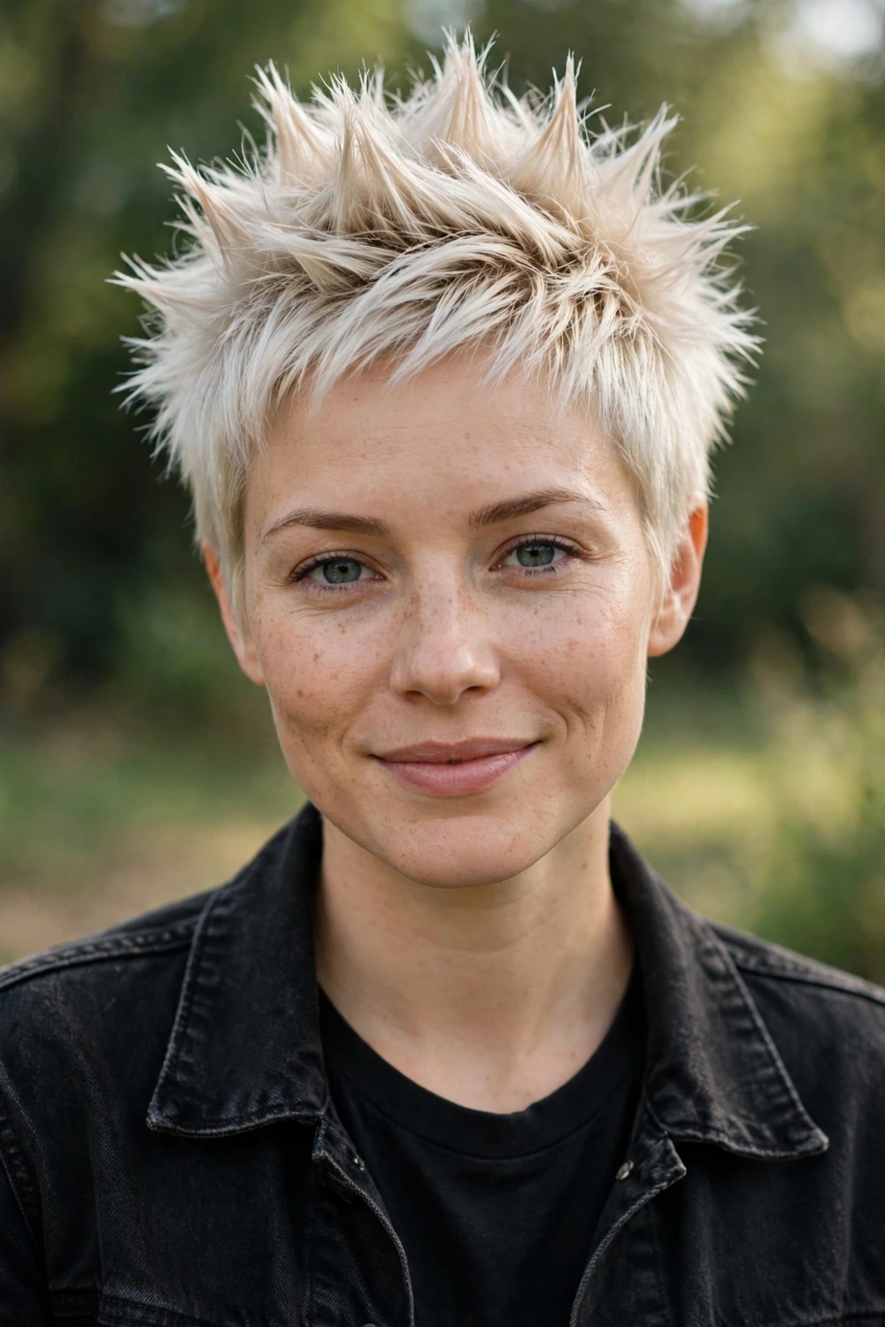 Woman in her late 20s wearing a spiked pixie with hair styled upward in defined spikes in platinum blonde hair
