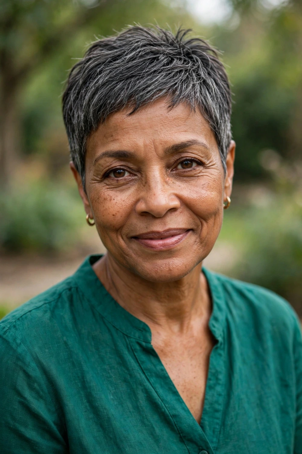 Woman in her late 50s with warm brown skin wearing a tapered pixie, tapered short at the sides with a clean neckline in salt-and-pepper hair