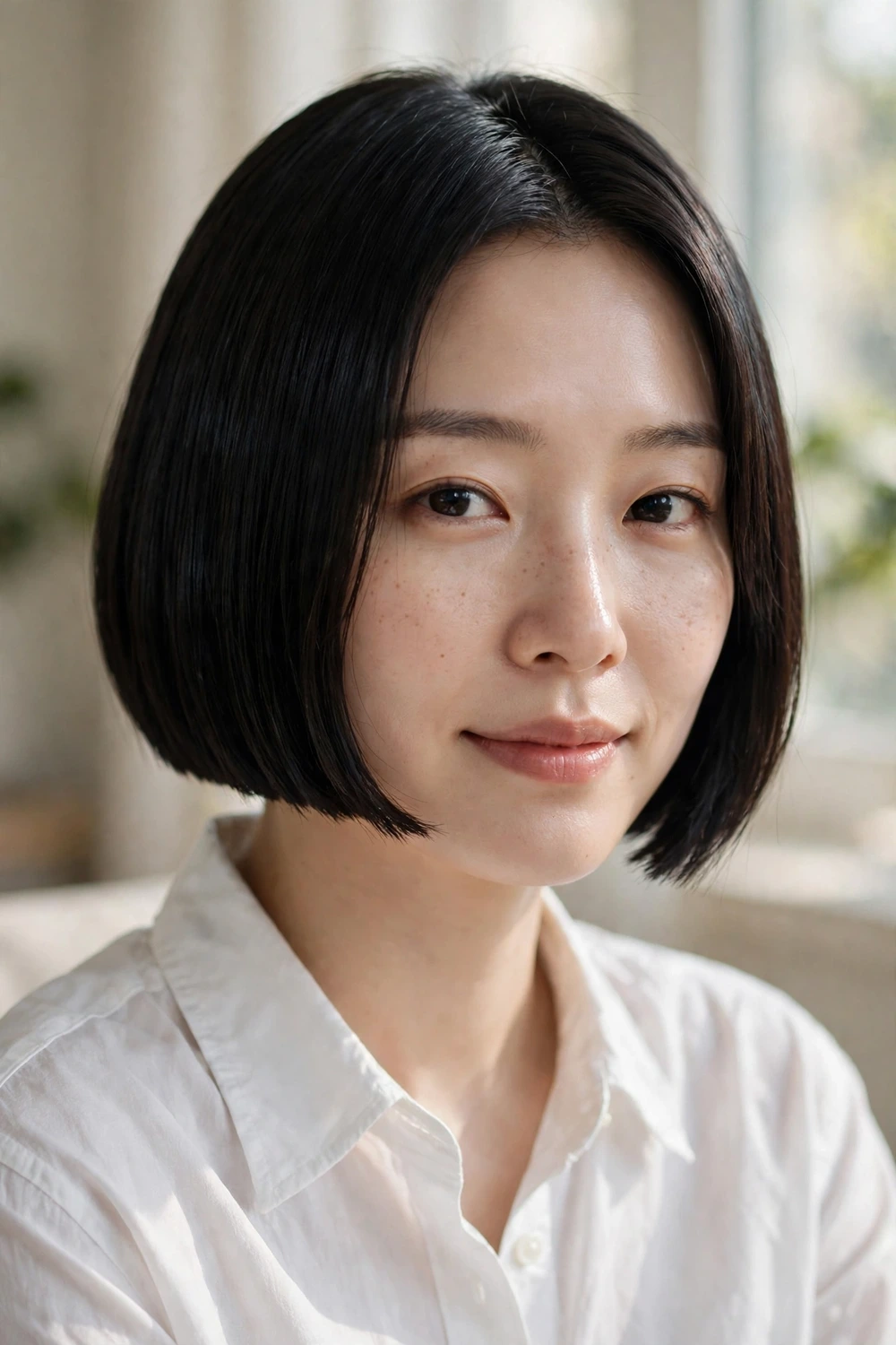 Korean woman in her late 20s wearing a tassel cut, a sharp blunt cut sitting above the jawline with a clean straight line in glossy black hair