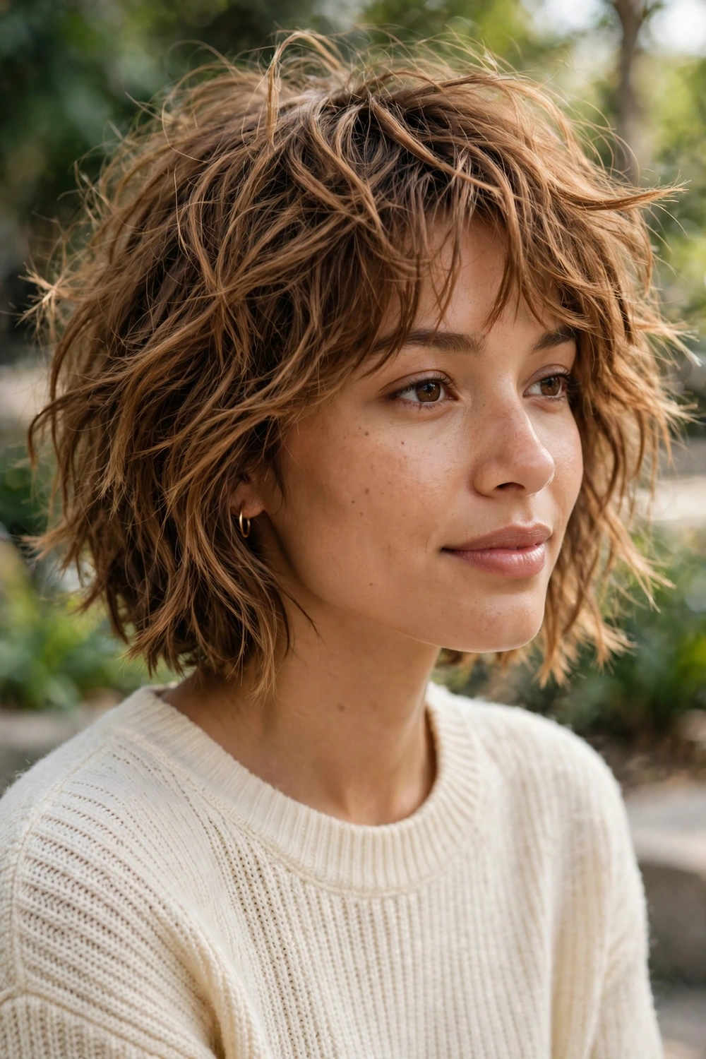 Woman in her mid 20s with light brown skin wearing a tousled textured bob with choppy ends in honey-brown hair