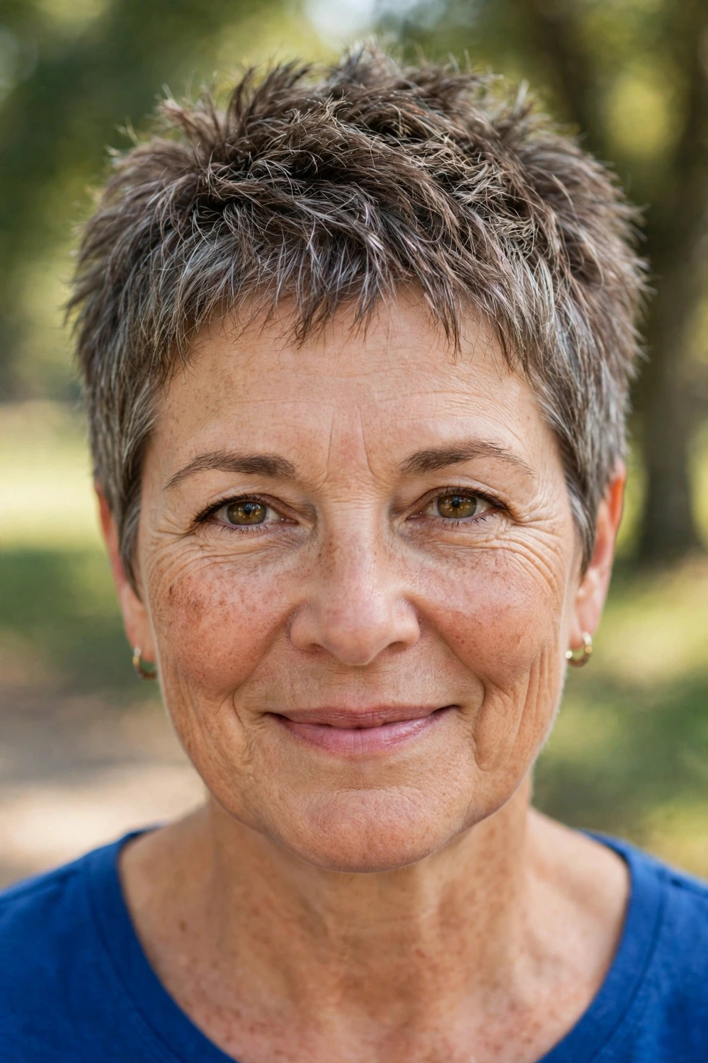 Woman in her late 50s wearing a textured crop, shorter than a pixie with visible piecey texture through the top in gray-blended brown hair